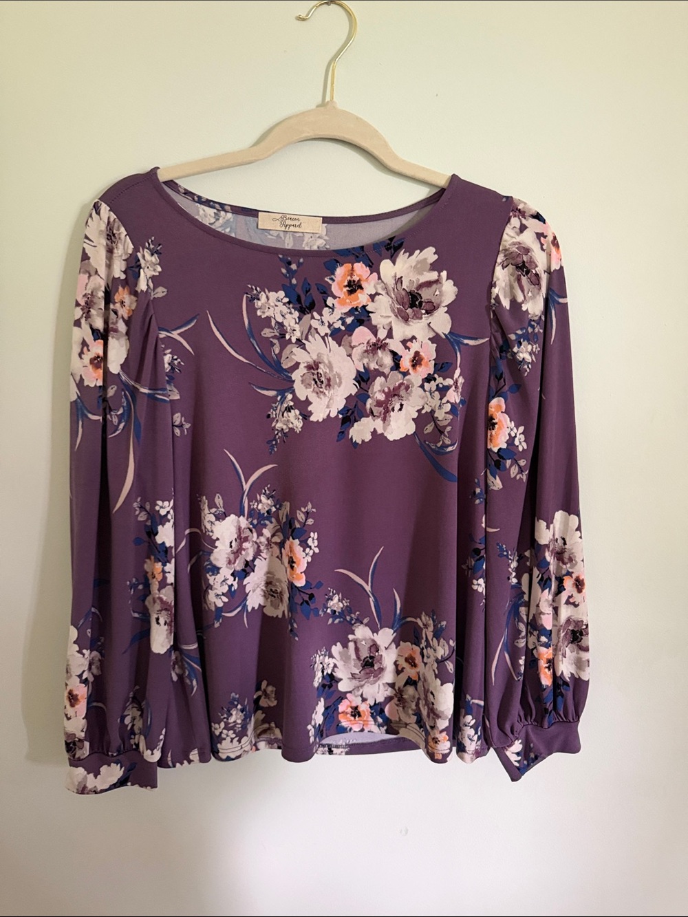 Beacon Apparel purple floral blouse sz M